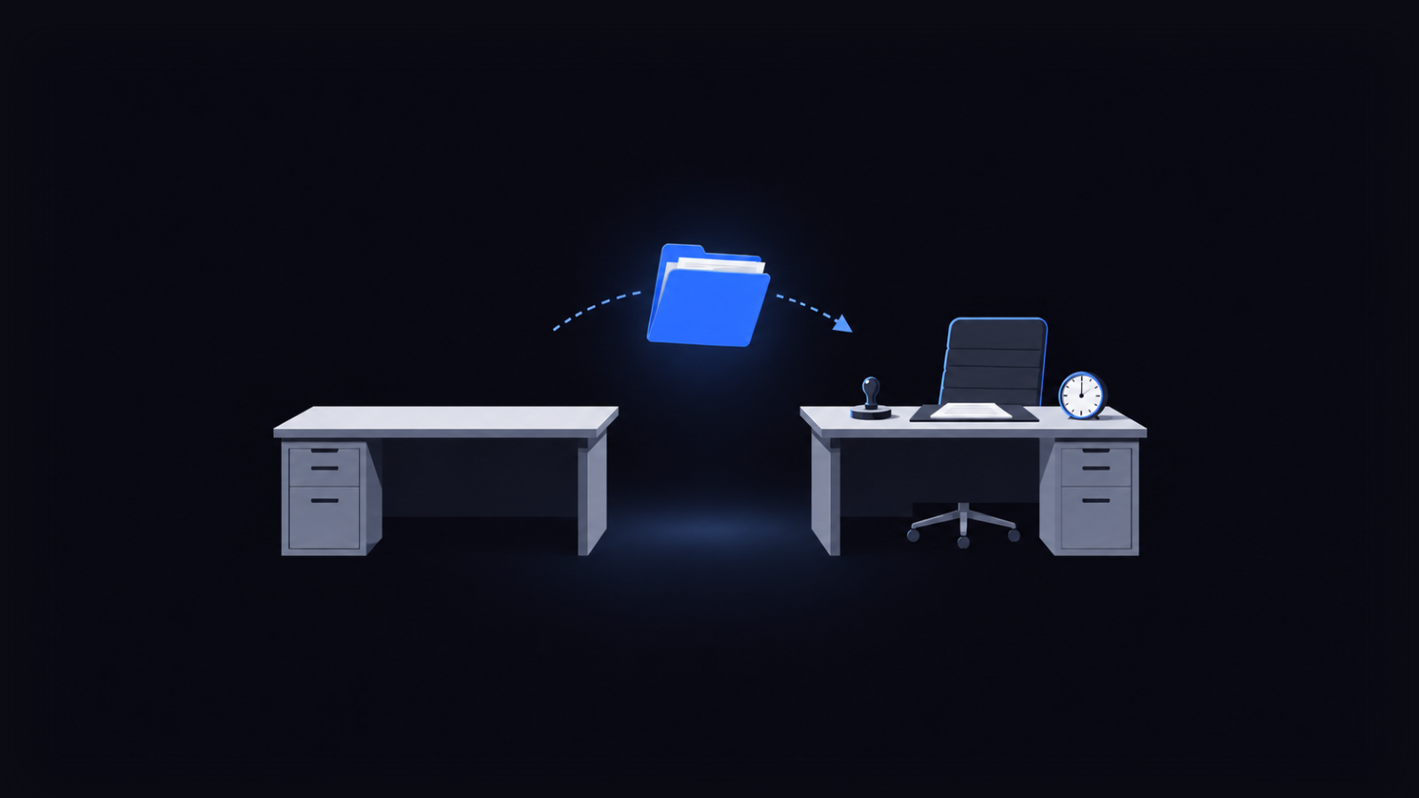 A case folder passed across a gap between two desks towards a chair with a clock.