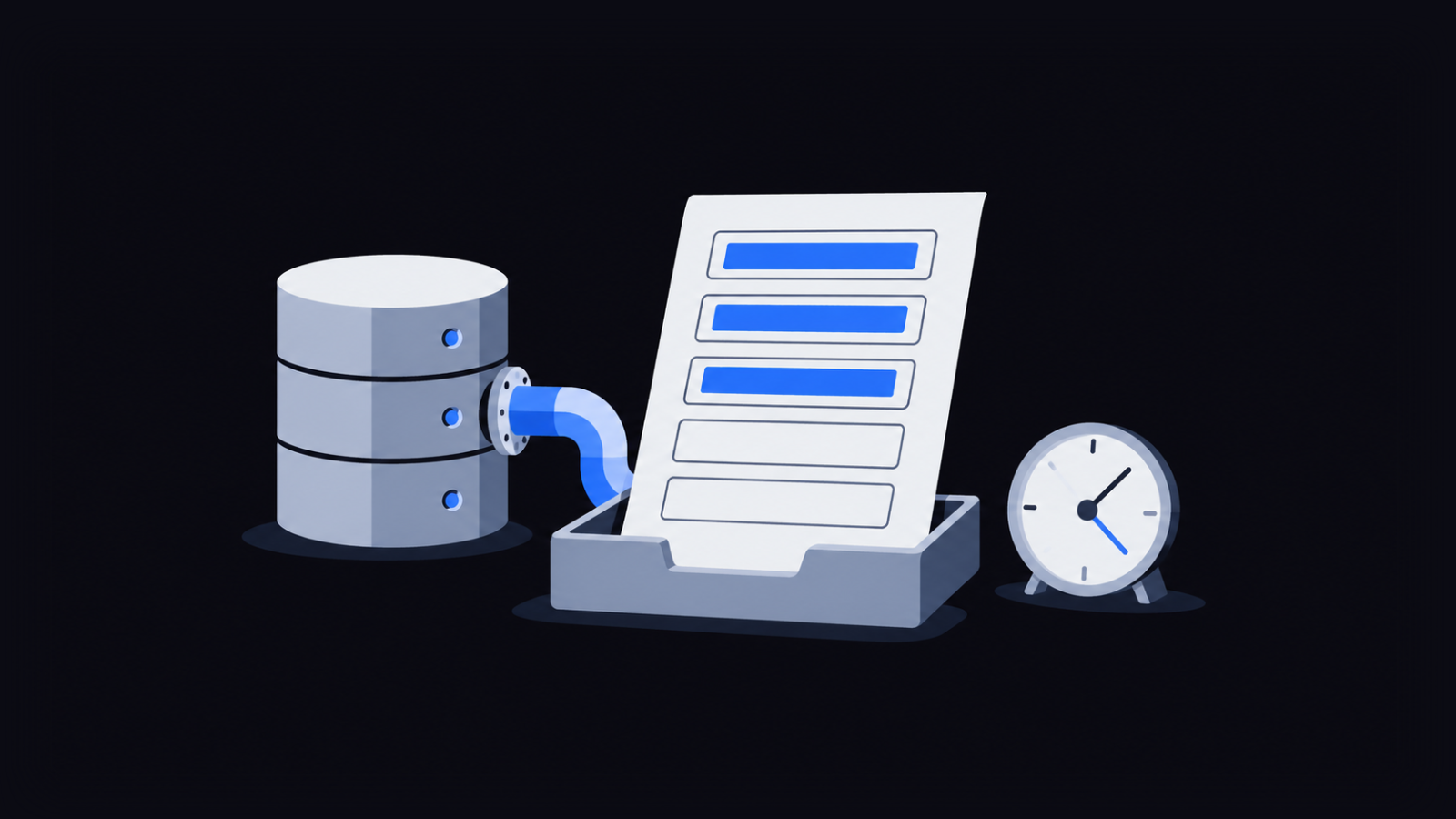 A pipe from a database delivers a form with two blank fields and a small clock beside it.