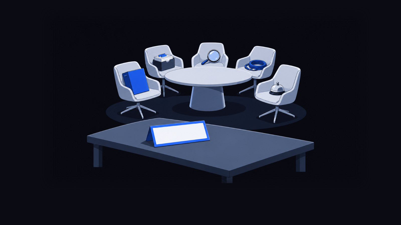 An empty pilot bench with one name tag, and five chairs each holding a different tool.