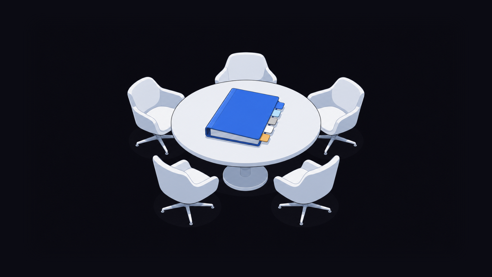 One bound folder with five coloured tabs on a round table with five empty chairs.
