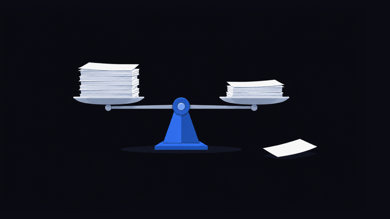 Two stacks of paper slips balanced on a level beam, with one slip set aside.