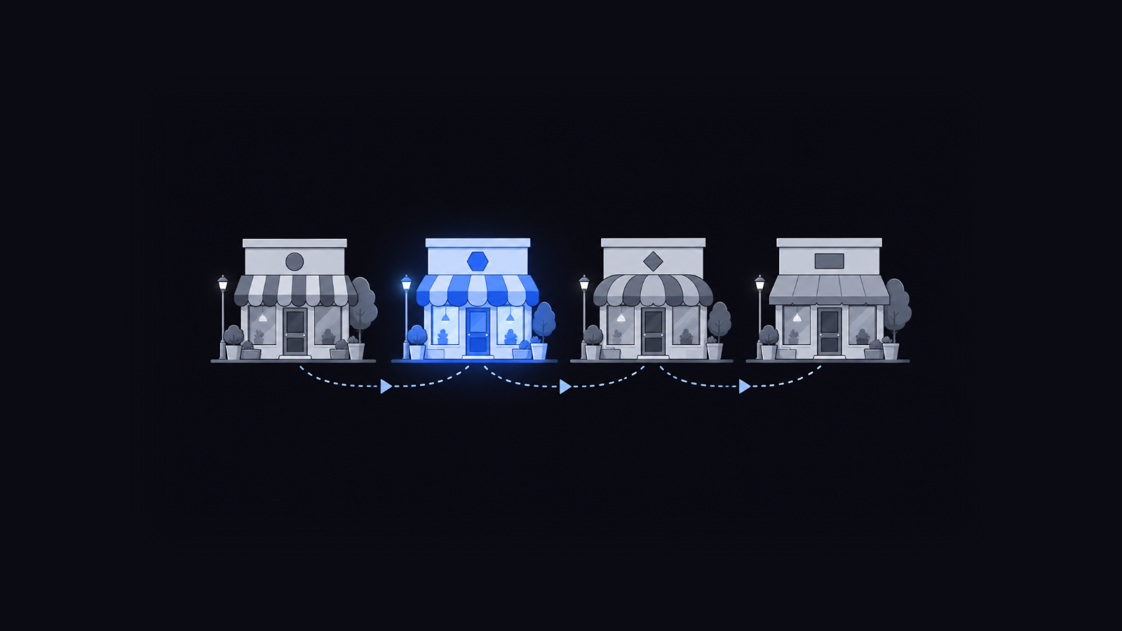 A row of shop fronts with different awnings, one lit, joined by a dotted route.