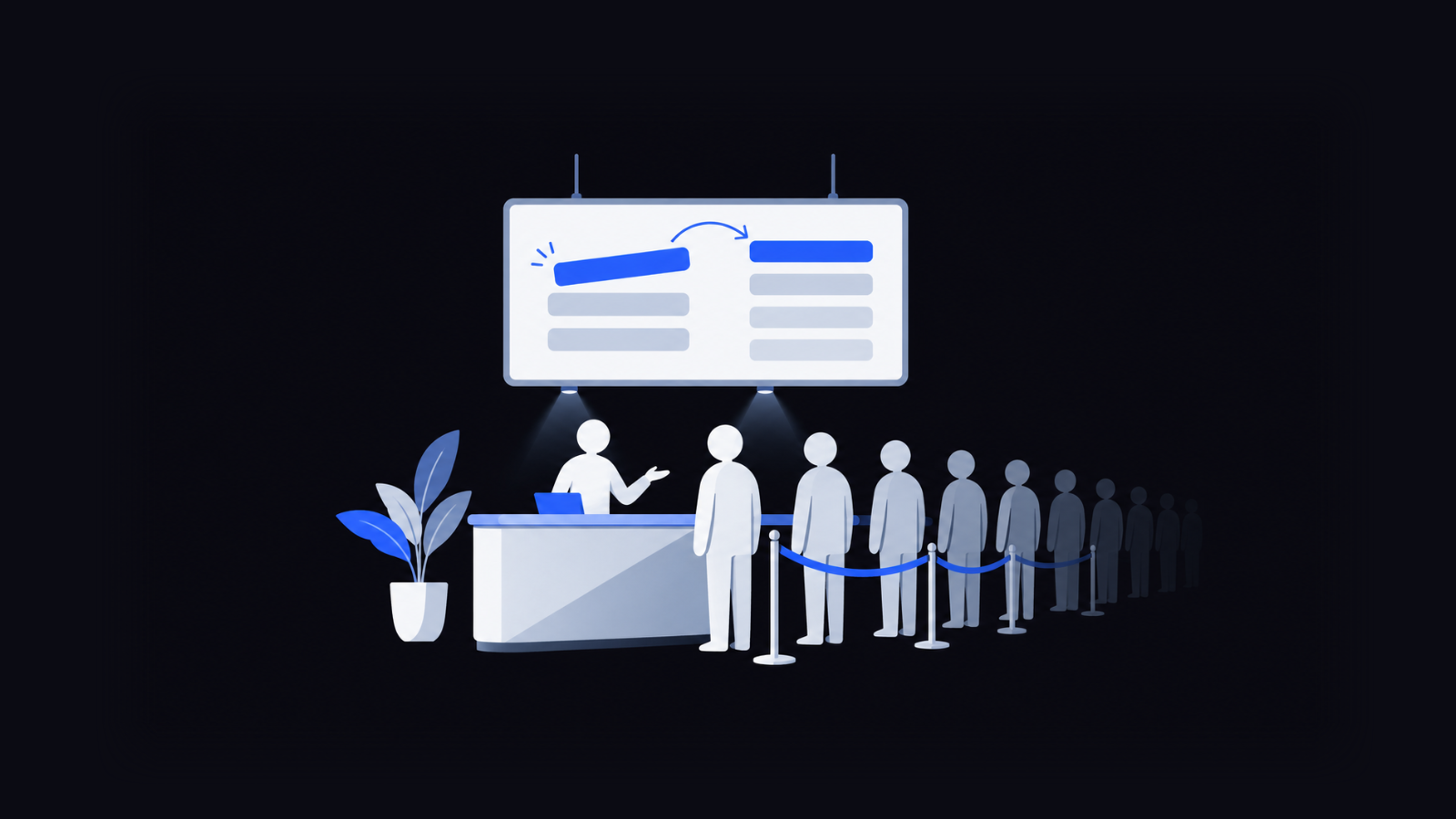 A queue at a help counter thins as a line on the notice board above it is corrected.