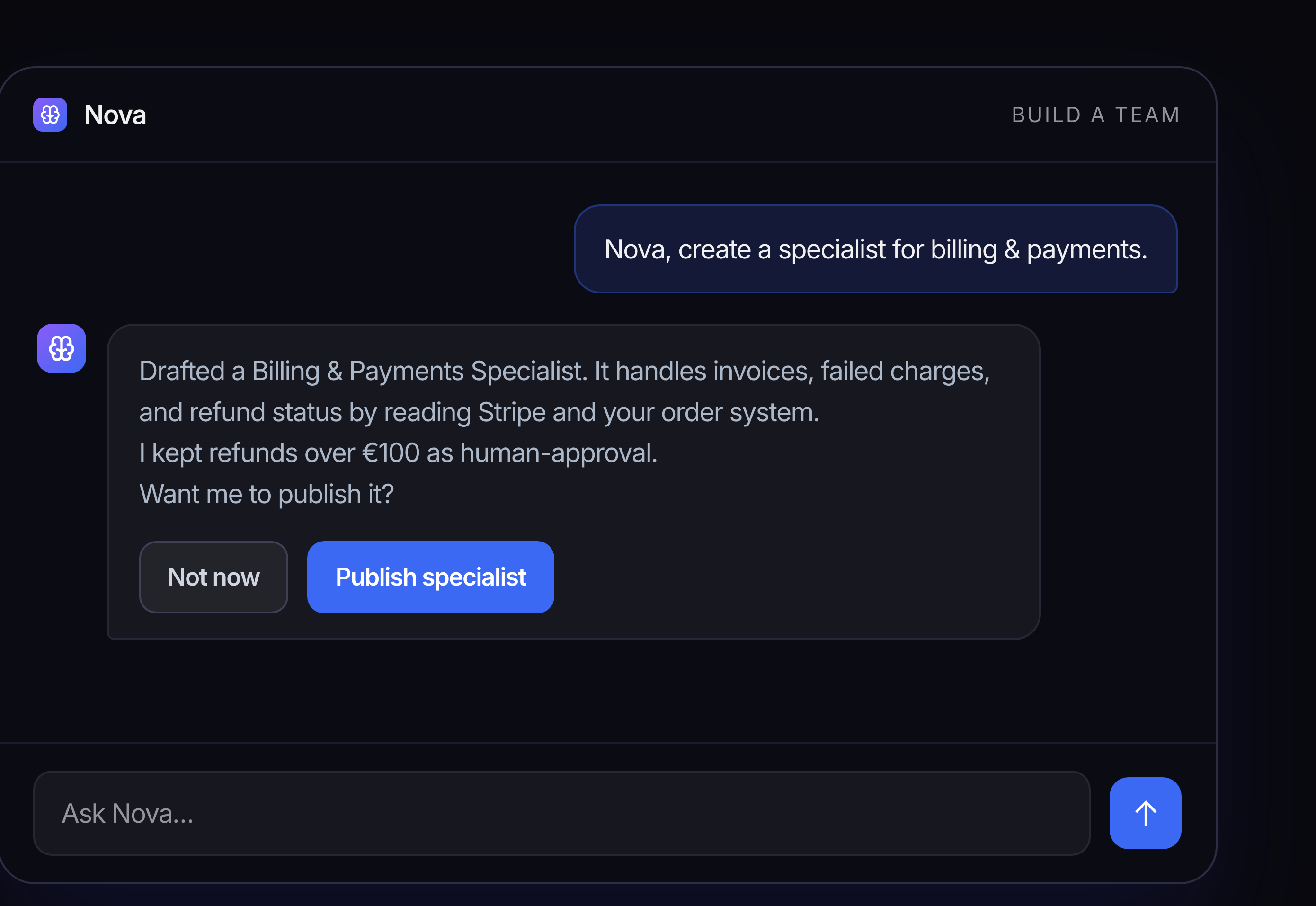 Nova drafts a Billing & Payments Specialist, keeping refunds over €100 on human approval.