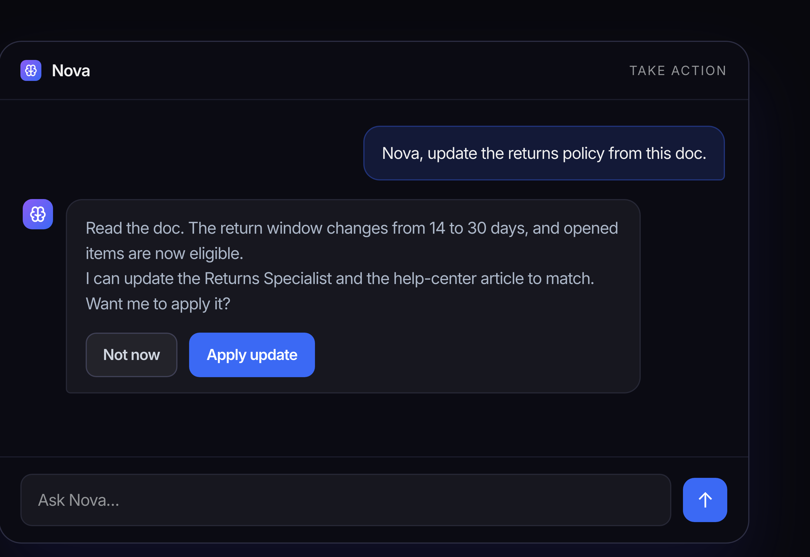Nova reads an updated returns document and proposes matching changes to the Returns Specialist and help-centre article.