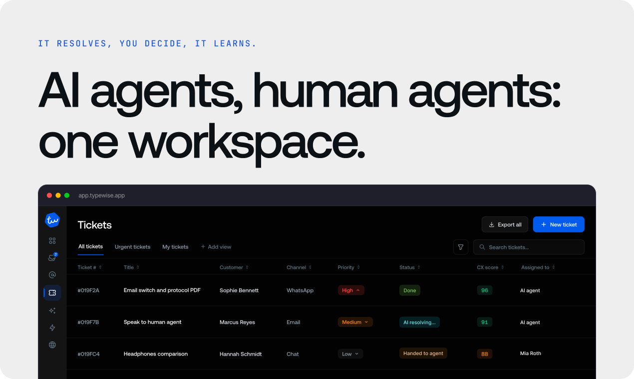 Promo graphic: AI agents, human agents: one workspace — the Typewise ticket view