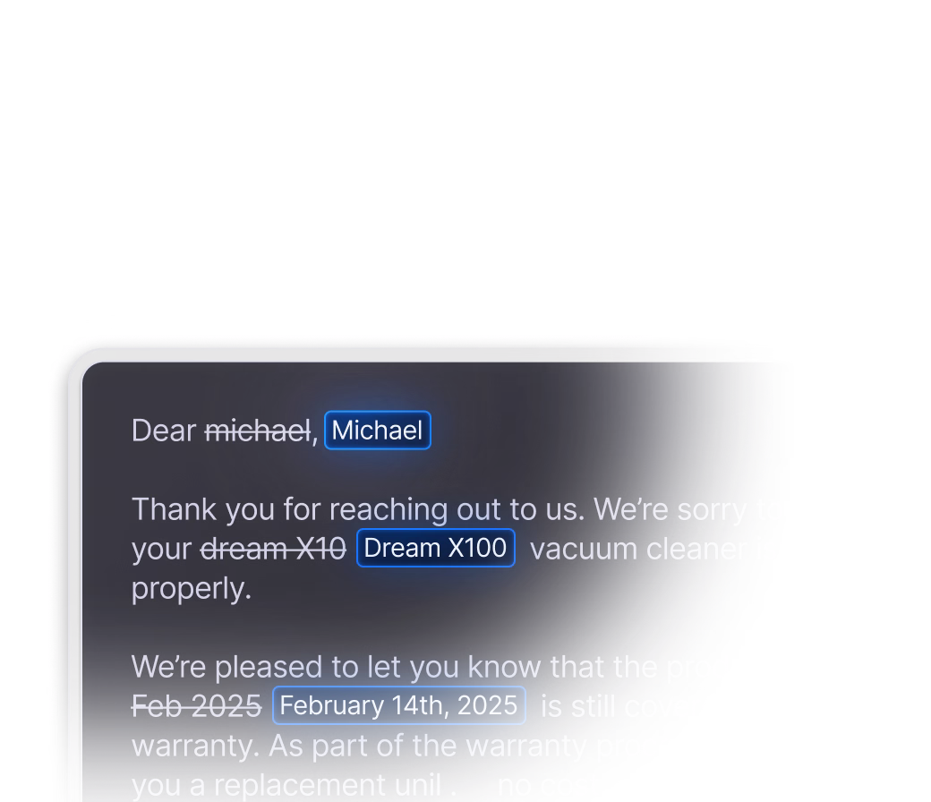 Example of real-time autocorrect fixing spelling, capitalization, and product names in a message
